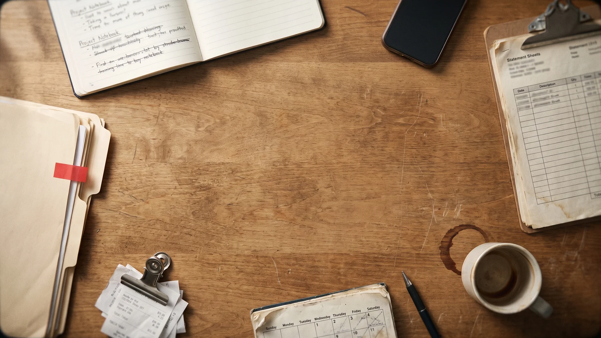 A project notebook open on a wooden table, beside a stack of printed briefs with a red tab flag, a phone lying face down, a clip of statement sheets, a bulldog clip of receipts and a small desk calendar.